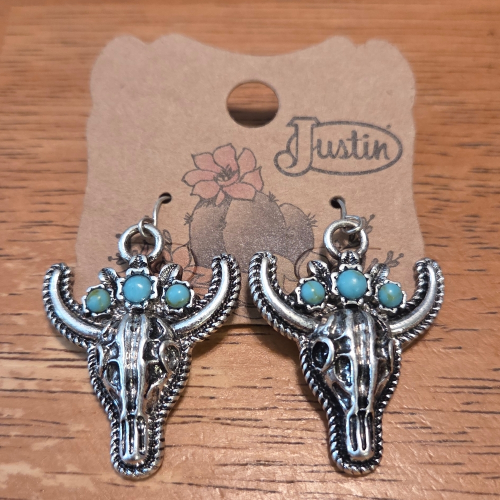 Justin Silver Bull Skull Earrings with Turquoise Accents